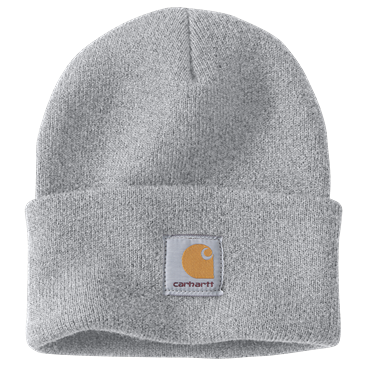 Light gray thick acrylic rib knit cuffed beanie with a stitched logo patch, warm and durable accessory in Clothing & Shoes, Accessories, and Scarves & Hats collections.