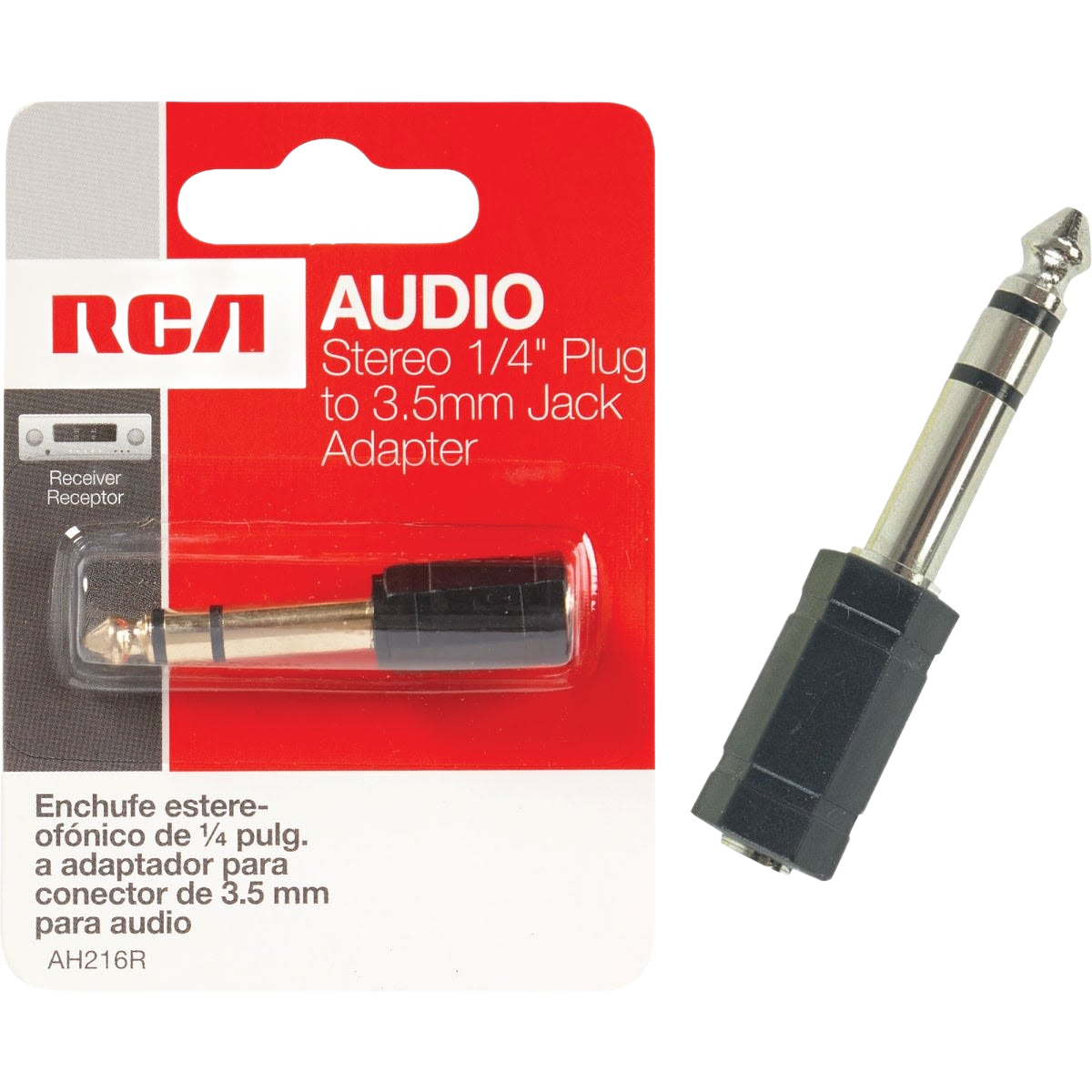 Stereo audio adapter with 1/4-inch stereo plug and 3.5mm jack, designed for home improvement and tool use.