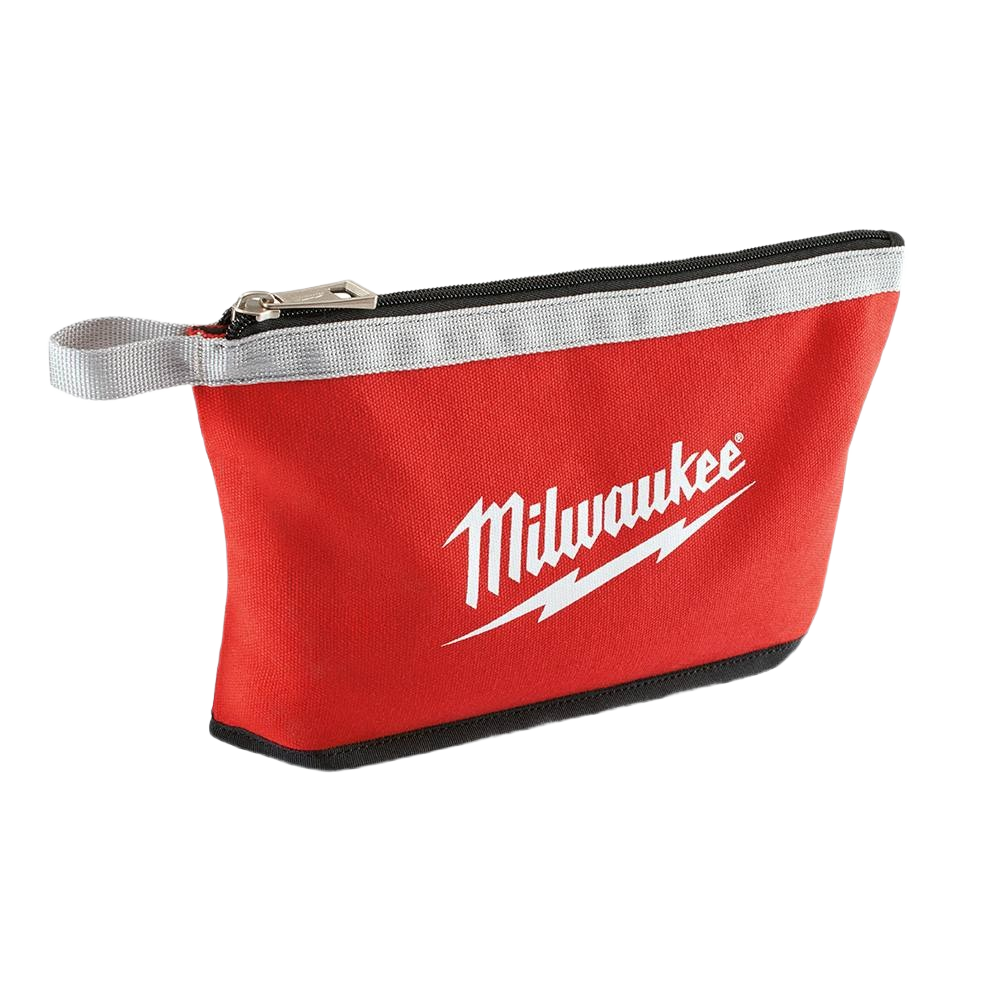 Red canvas zipper pouch with weather-resistant bottom and hang loop for workshop tool storage and organization