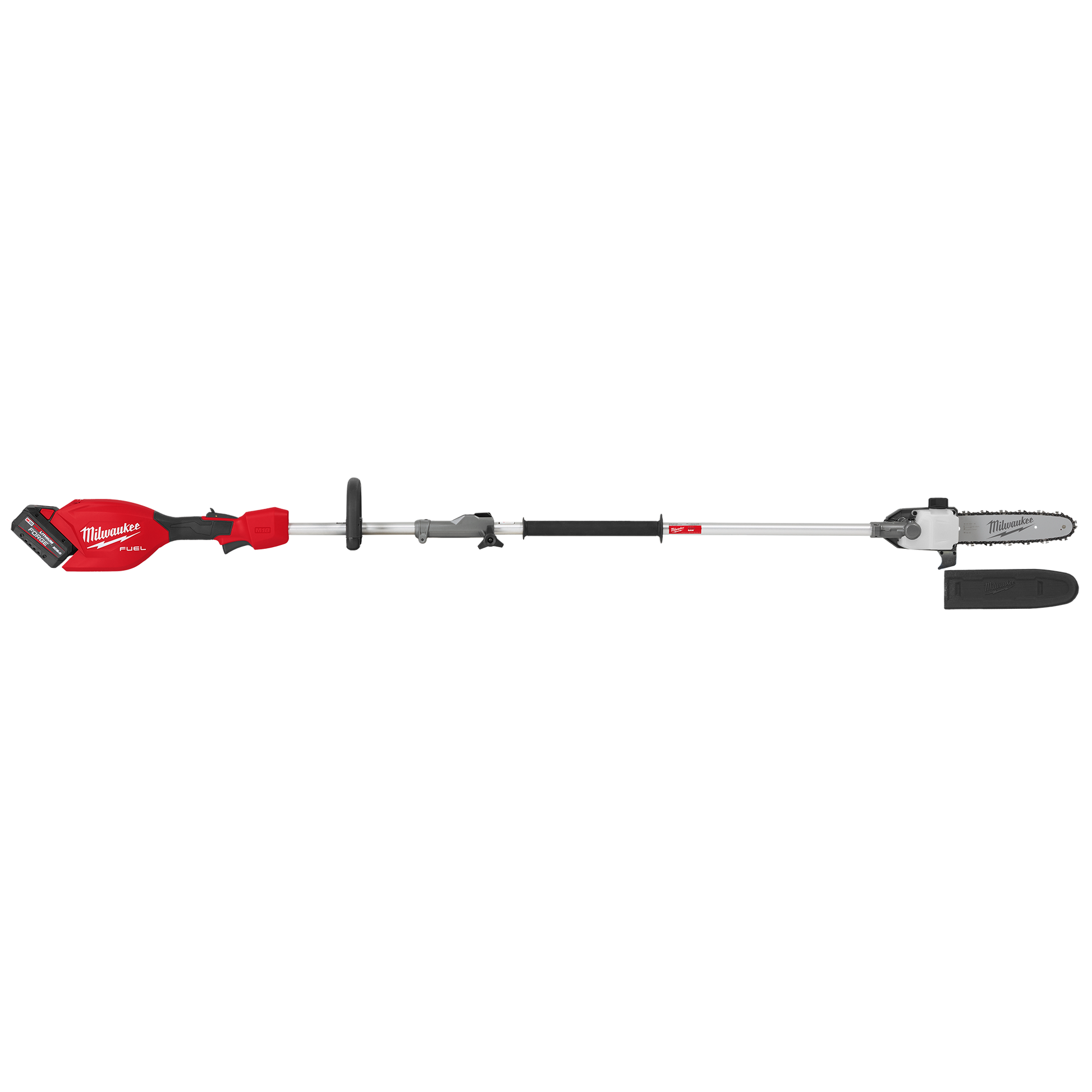 Red and silver cordless pole saw with 10-inch bar, extendable shaft, and Quik-Lok attachment for home improvement tools