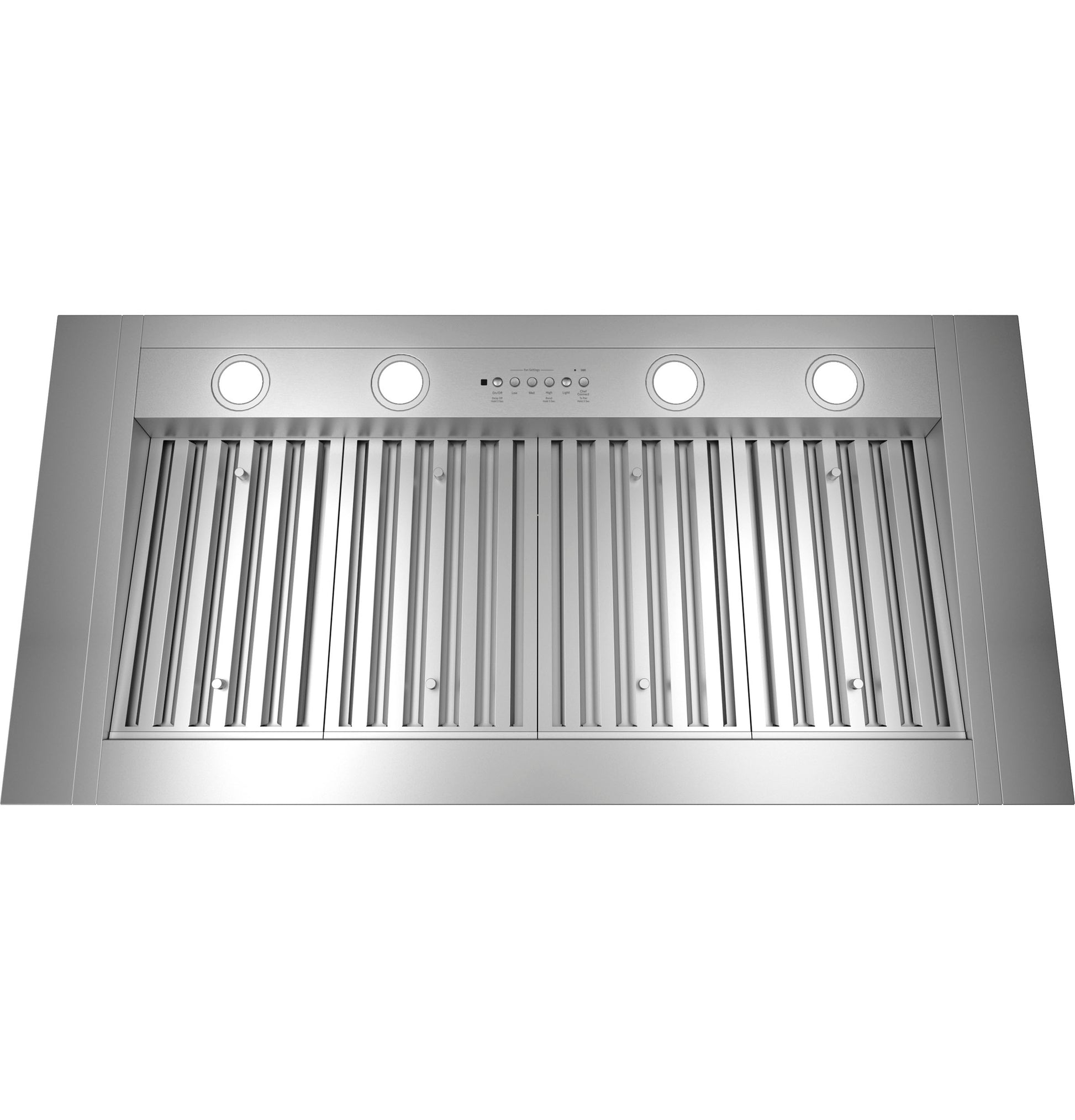 Stainless steel range hood insert with built-in lights and control buttons for kitchen ventilation and air filtration