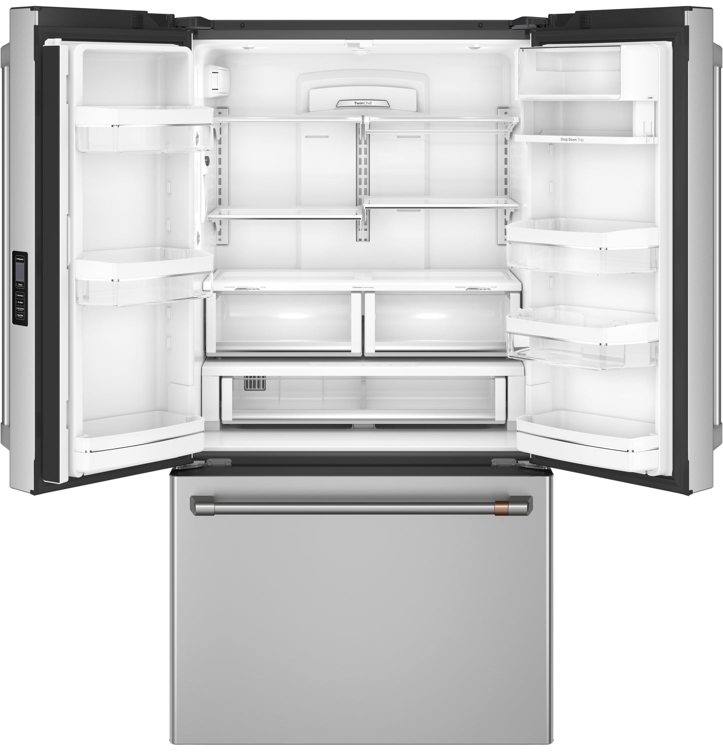 Open stainless steel smart counter-depth French-door refrigerator with spacious adjustable shelves and bottom freezer drawer in appliances collection