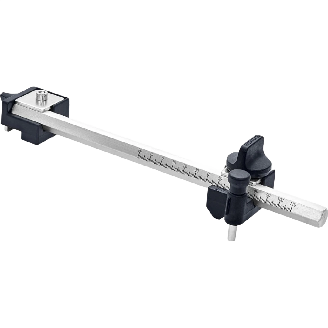 Adjustable edge stop tool with ruler scale and locking knobs for precise hole drilling in woodworking projects under $100
