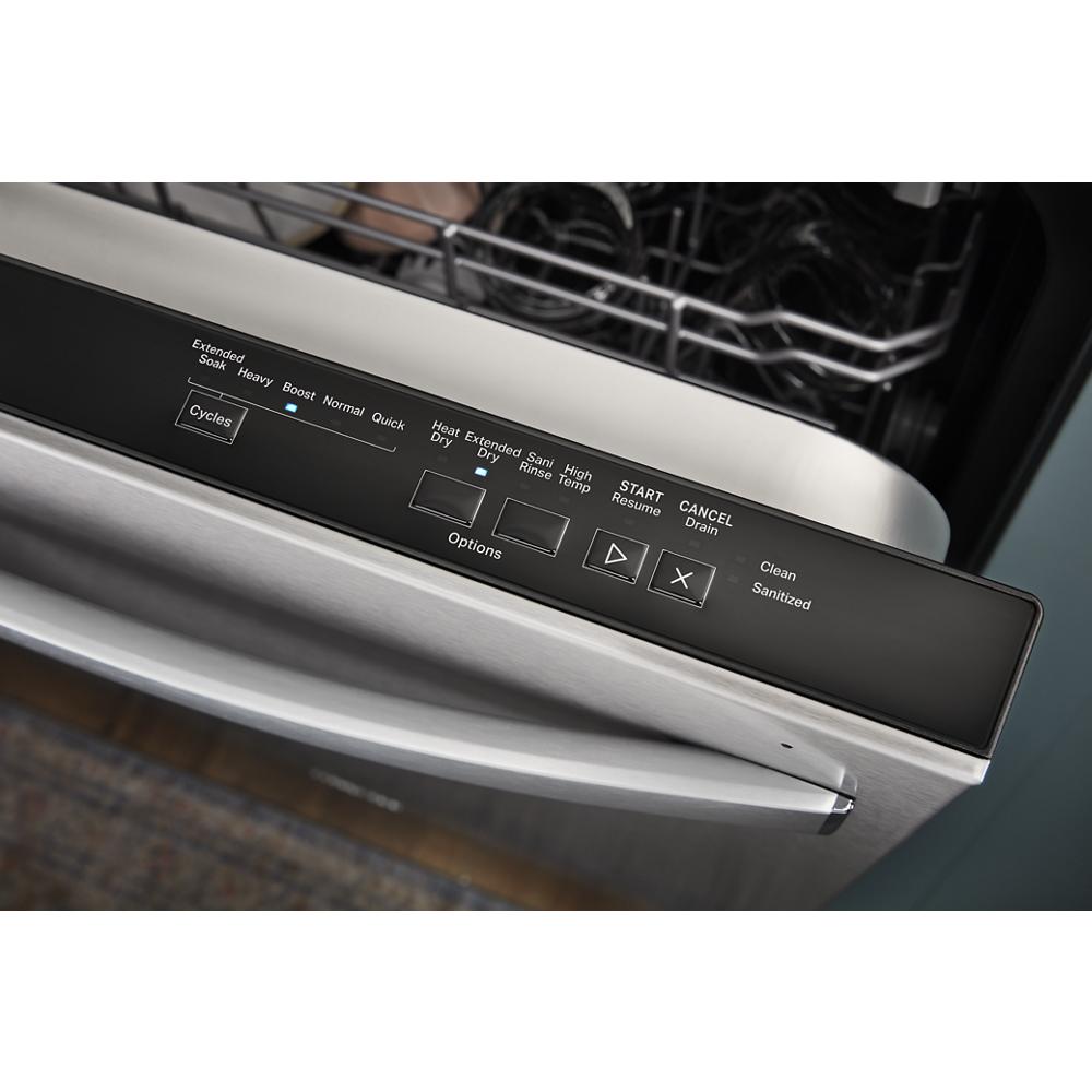 Close-up of control panel on stainless steel dishwasher highlighting cycle and dry options from kitchen appliances collection
