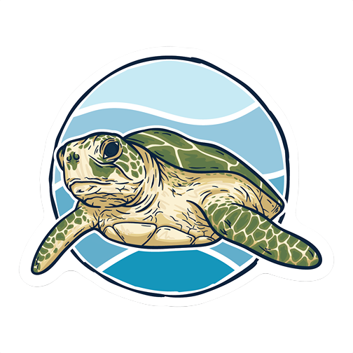 Green sea turtle illustration with detailed shell and flippers set against stylized blue ocean waves background