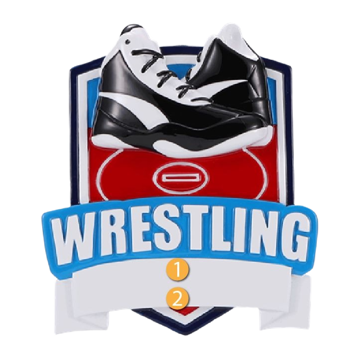 Personalized wrestling shield ornament with black and white shoes and mat design from Christmas tree decorations under $50 collection