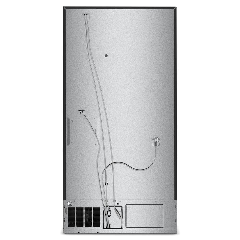 Back view of stainless steel panel-ready French door refrigerator with ventilation and wiring in appliance collection