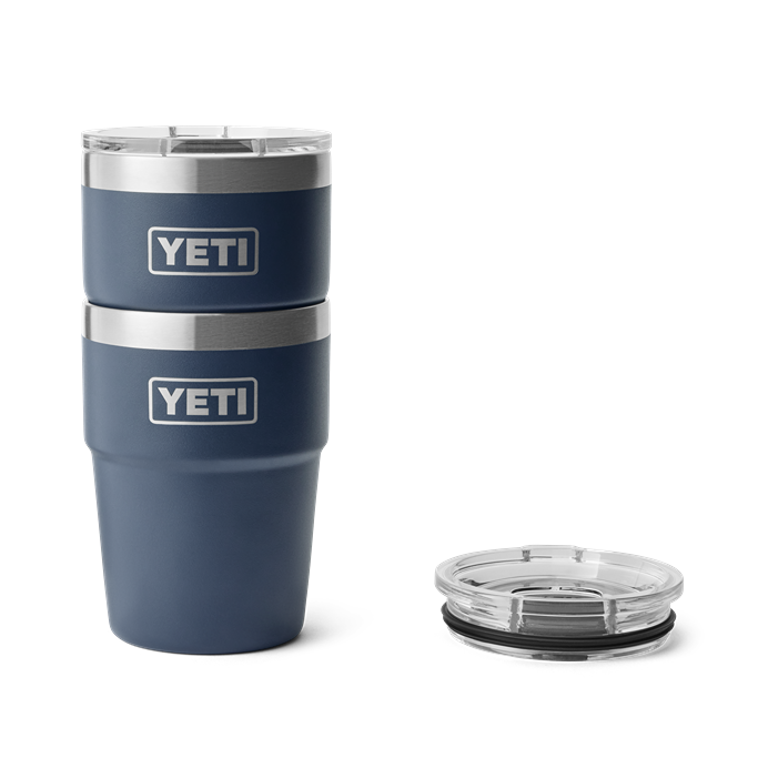 Two navy YETI Rambler 16 oz stackable insulated cups with clear lids from drinkware and kitchenware collections