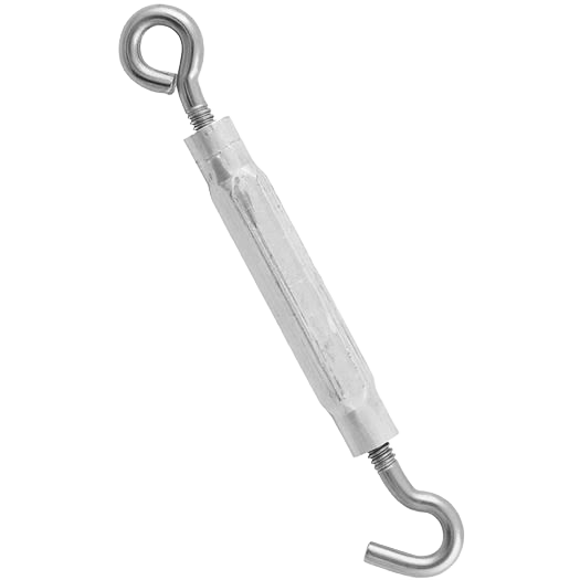 Stainless steel hook and eye turnbuckle for adjustable tension in hardware and fasteners collections