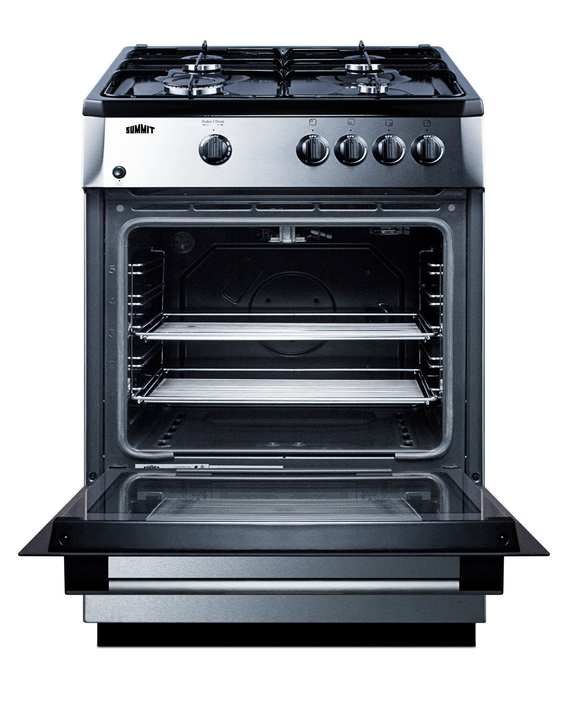 Open stainless steel and black gas range with four burners, oven racks inside, part of kitchen and appliances collection