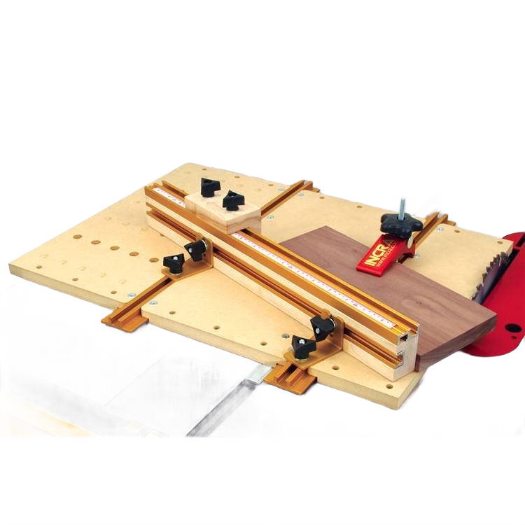 Woodworking guide rail and jig components on adjustable base for building custom measuring and hand tools projects