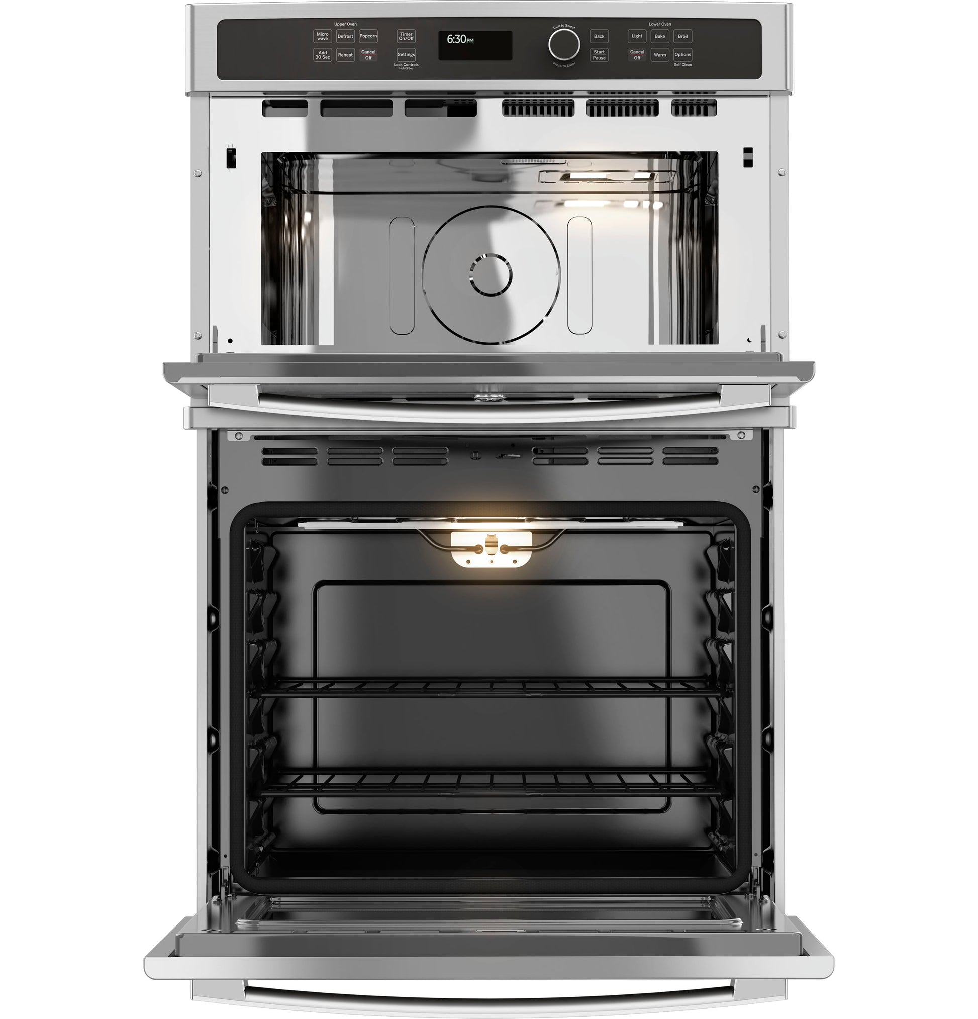 Open stainless steel combination microwave and thermal wall oven showing interior racks and control panel