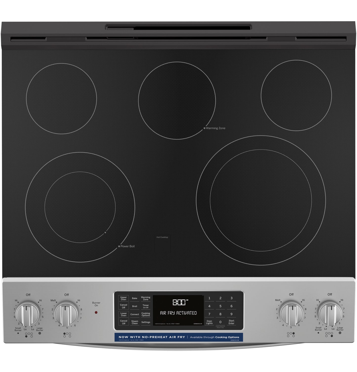 Black smooth electric glass cooktop with five burners and stainless steel control panel from Ranges & Kitchenware collection