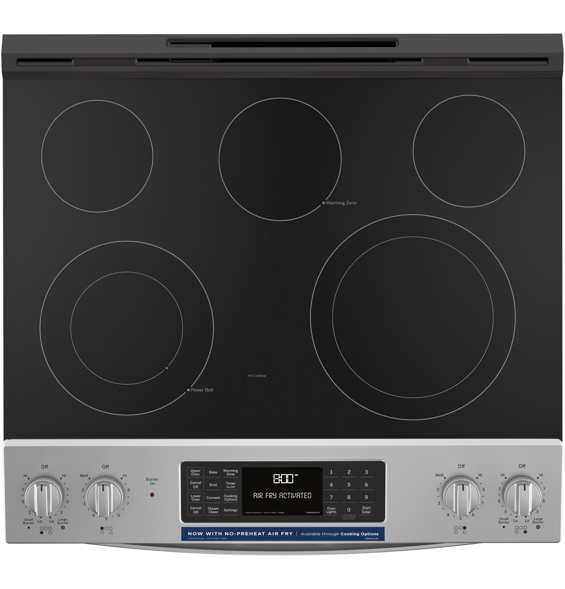 Black smooth electric glass cooktop with five burners and stainless steel control panel from Ranges & Kitchenware collection