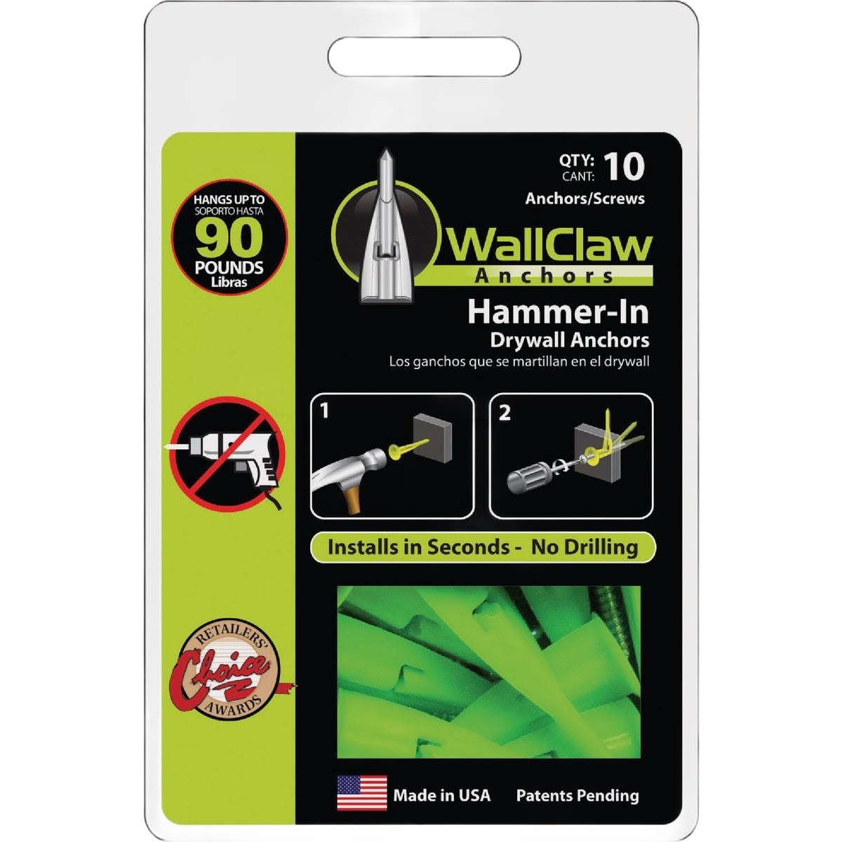 Package of green WallClaw hammer-in drywall anchors holding up to 90 pounds for hardware and fastener needs