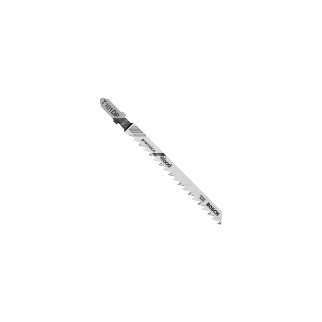 Single silver metal wood-cutting T-shank jigsaw blade with sharp teeth for precision cutting in woodworking projects