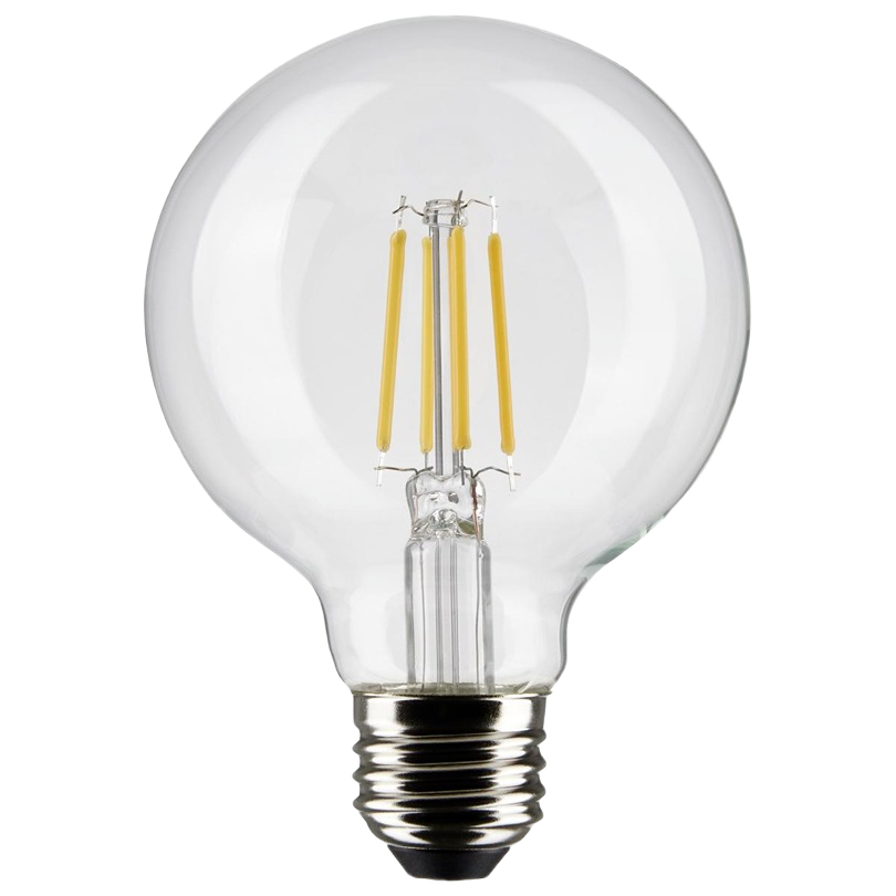 Clear LED light bulb with visible filament strips and medium screw base for home lighting and electrical use