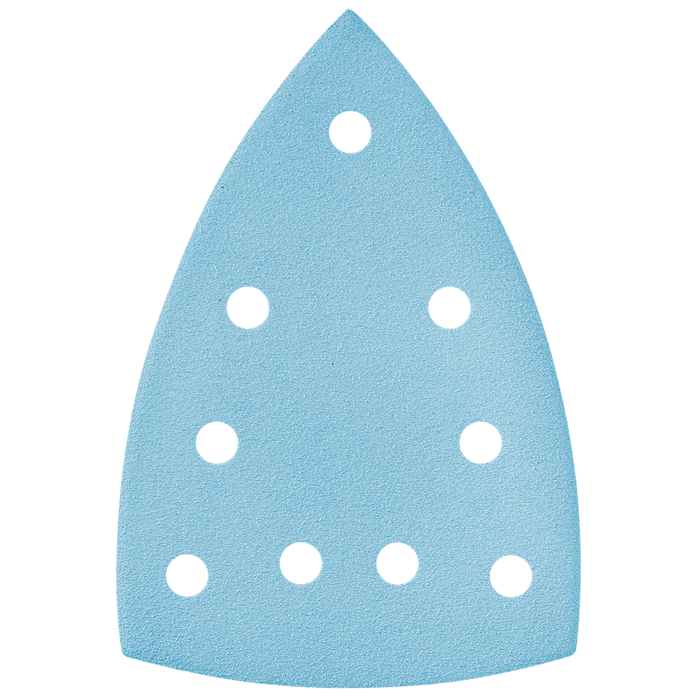 Blue delta-shaped abrasive sheet with multiple dust extraction holes for power sanding tools and accessories