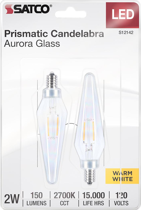 Pair of clear prismatic LED bulbs with candelabra base designed for energy-saving home lighting in warm white tone