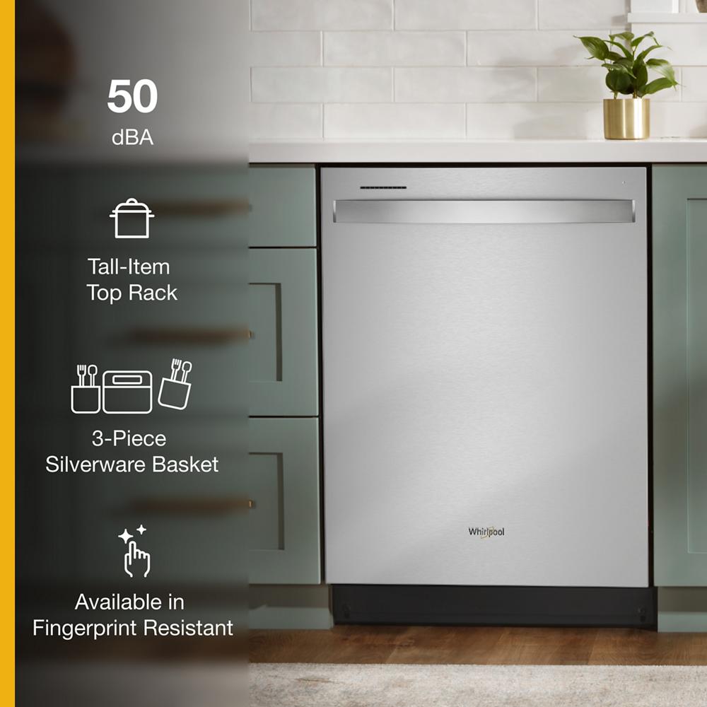 Built-in stainless steel dishwasher with quiet 50 dBA operation, tall top rack, and silverware basket in modern kitchen setup