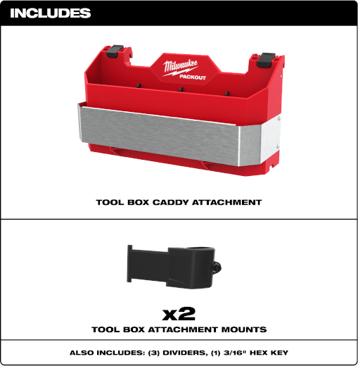 Red Milwaukee PACKOUT™ tool box caddy with metal front panel and two black mounting brackets for tool storage organization.