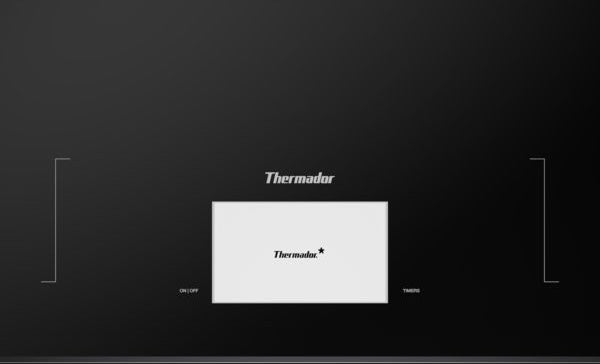 Black smooth induction cooktop control panel with Thermador branding and on/off and timer touch buttons from Cooktops collection