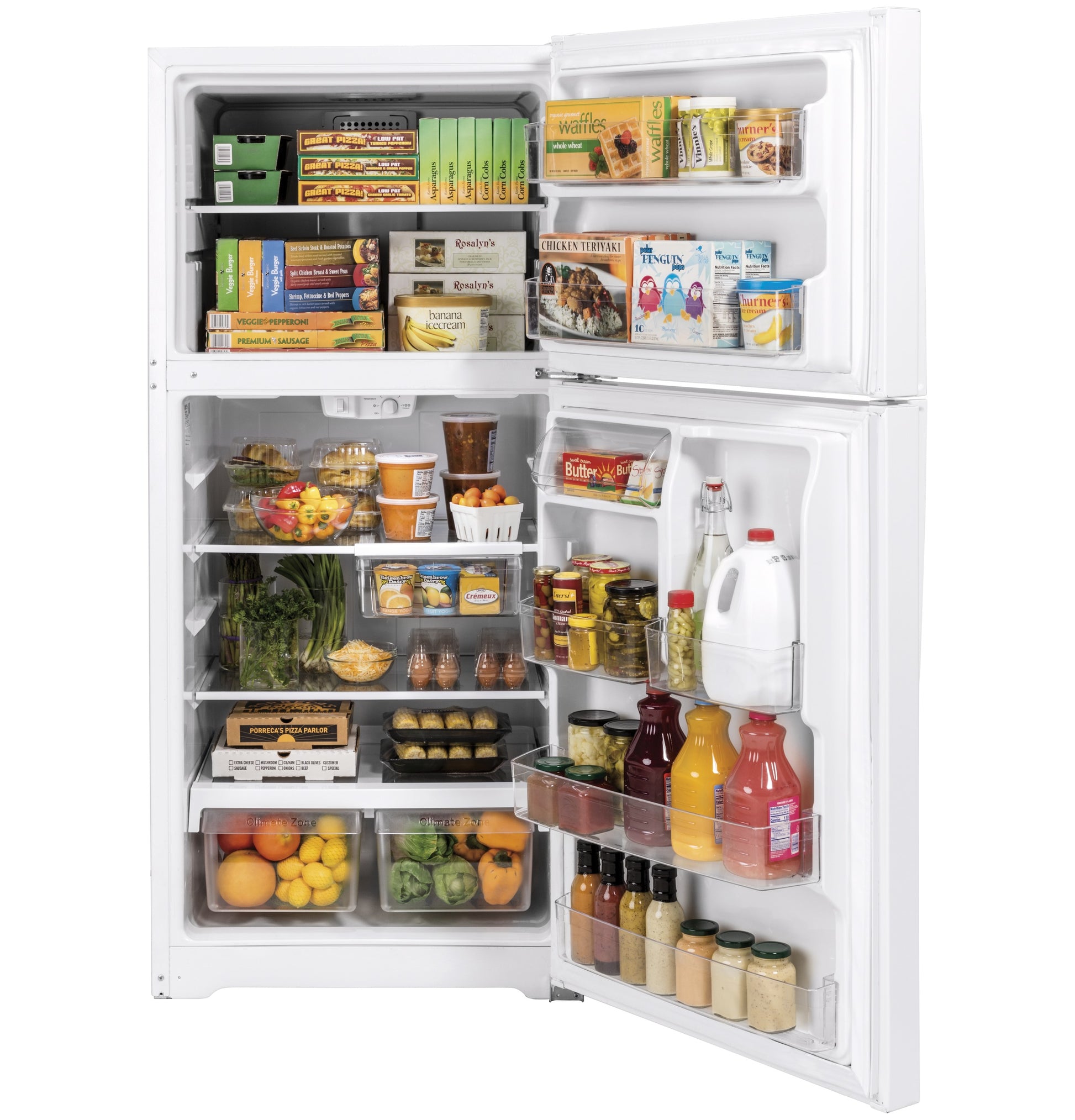 White garage-ready top freezer refrigerator open to show organized shelves with food and beverages inside kitchen appliances collection