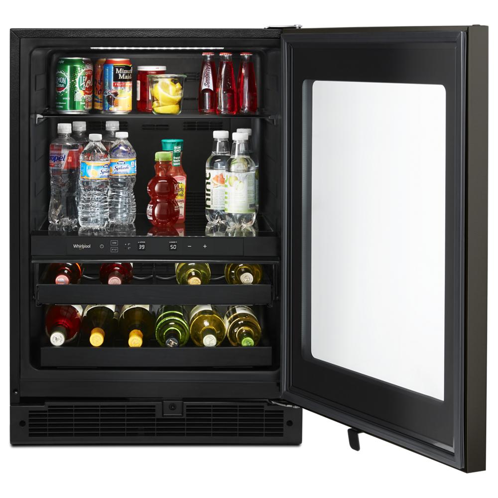 24-inch wide undercounter beverage center with dual temperature zones and fingerprint-resistant black finish in appliances collection