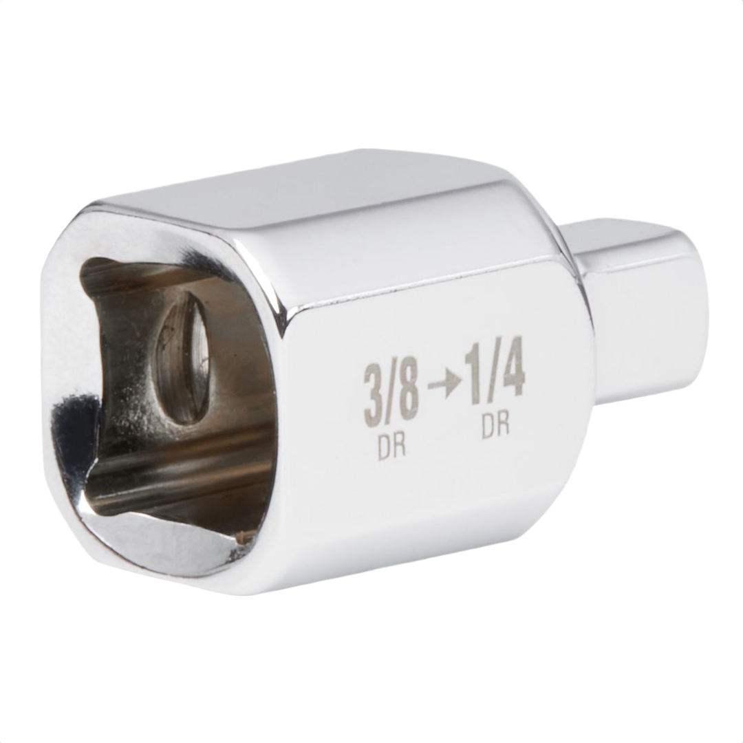 Chrome-finished square socket adapter for tools and home improvement with engraved size markings for easy identification