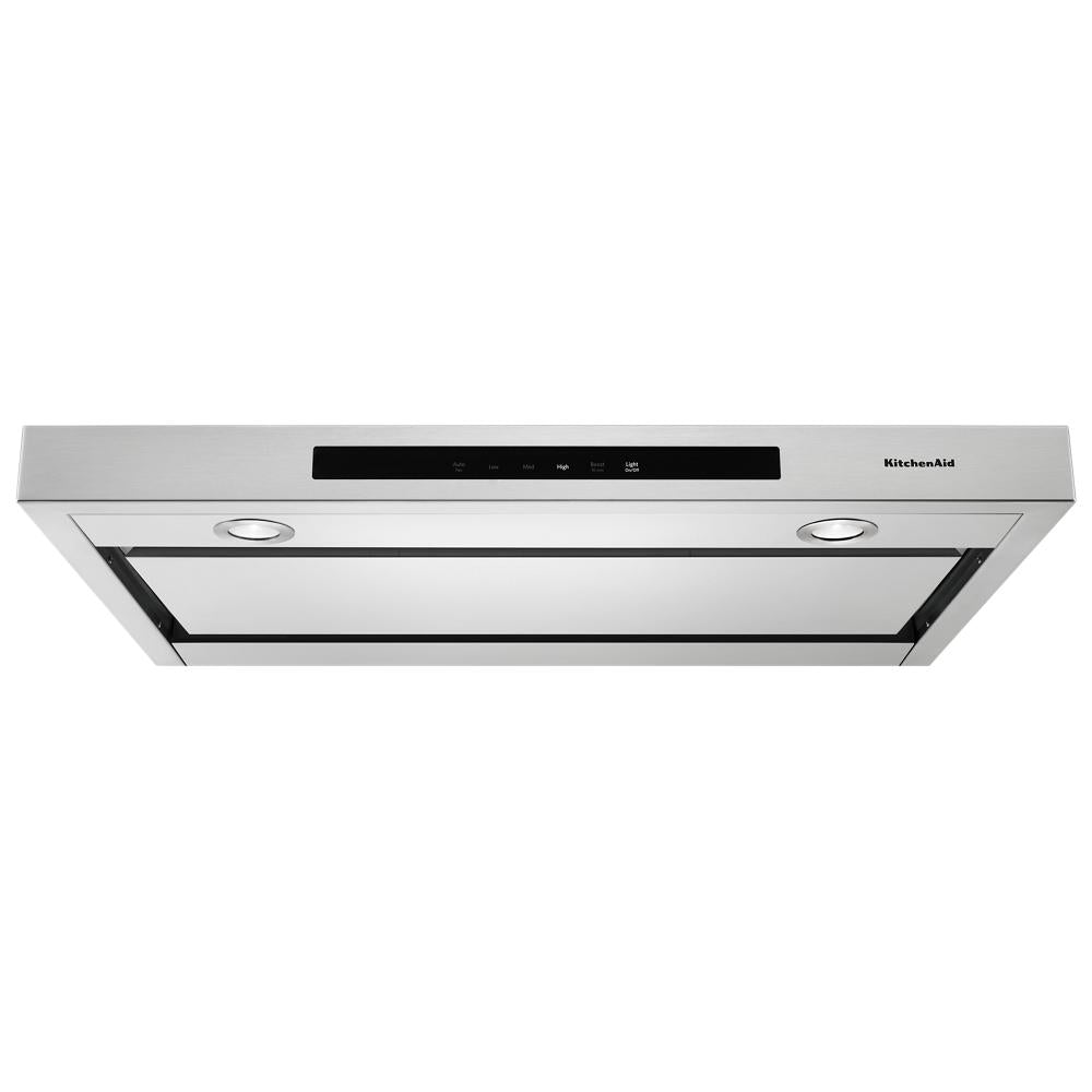 Under-cabinet stainless steel ventilation hood with LED lights and digital touch controls from KitchenAid appliances collection
