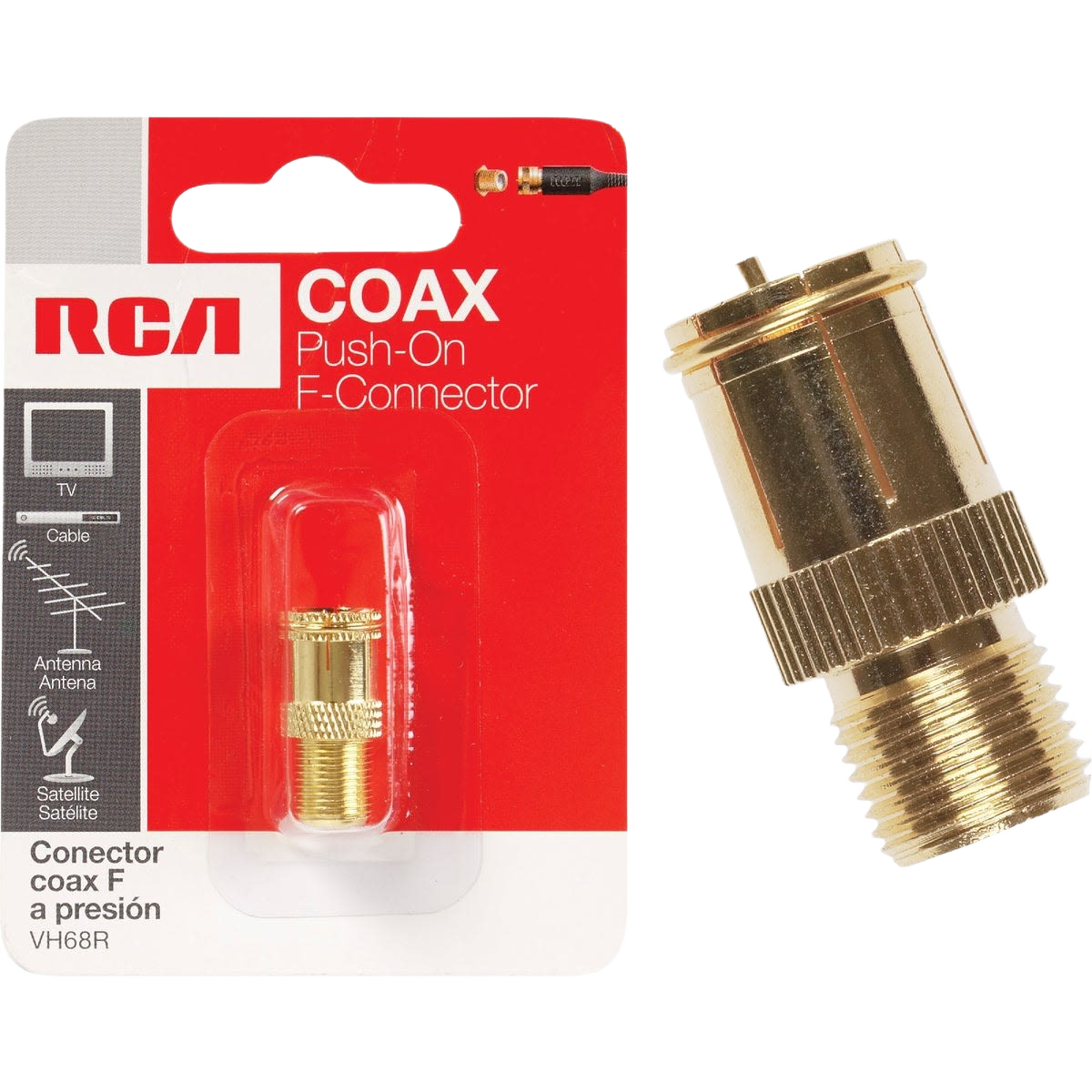 Gold-toned push-on coaxial F connector with threaded grip for cable and antenna use in tools and home improvement