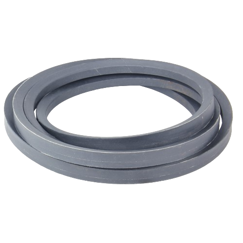 Coiled gray V-belt designed for deck drive systems in tools and home improvement equipment.