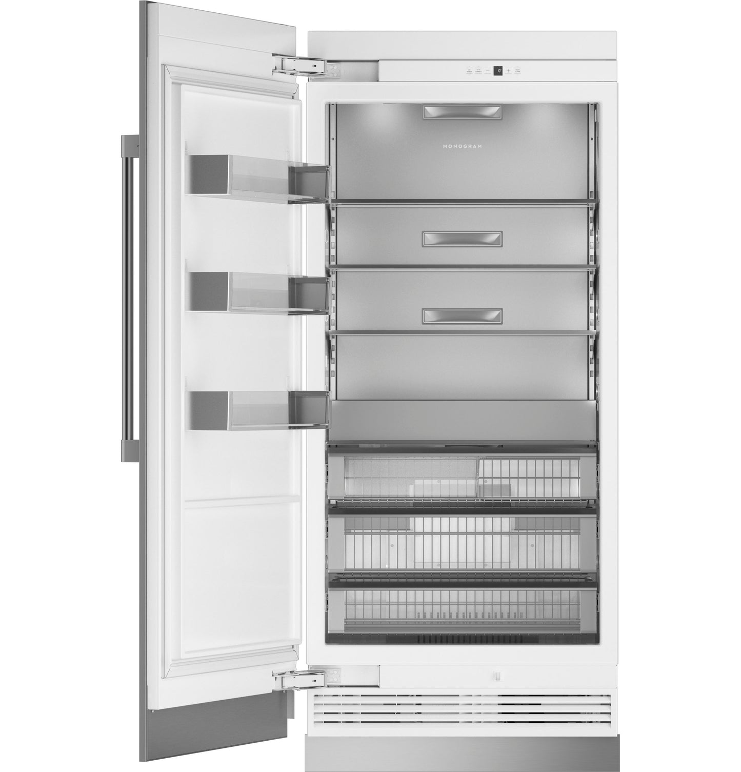 Panel-ready integrated column freezer with stainless steel drawers, adjustable shelving, and clear storage bins from kitchen appliances collection