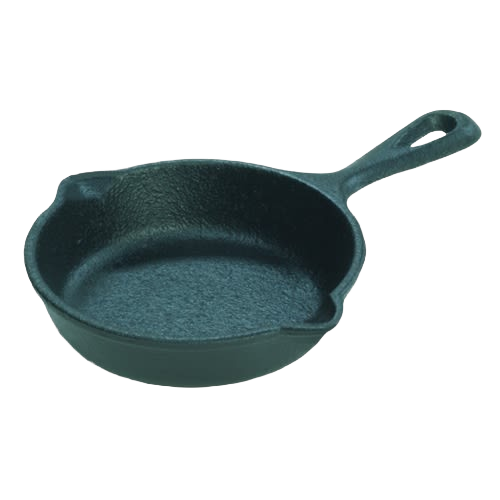 Small 3.5-inch black cast iron skillet with dual pouring spouts and a looped handle for easy grip