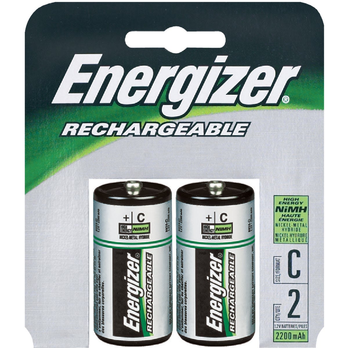 Pack of two Energizer rechargeable C size NiMH batteries with 2200mAh capacity for tools and home improvement use