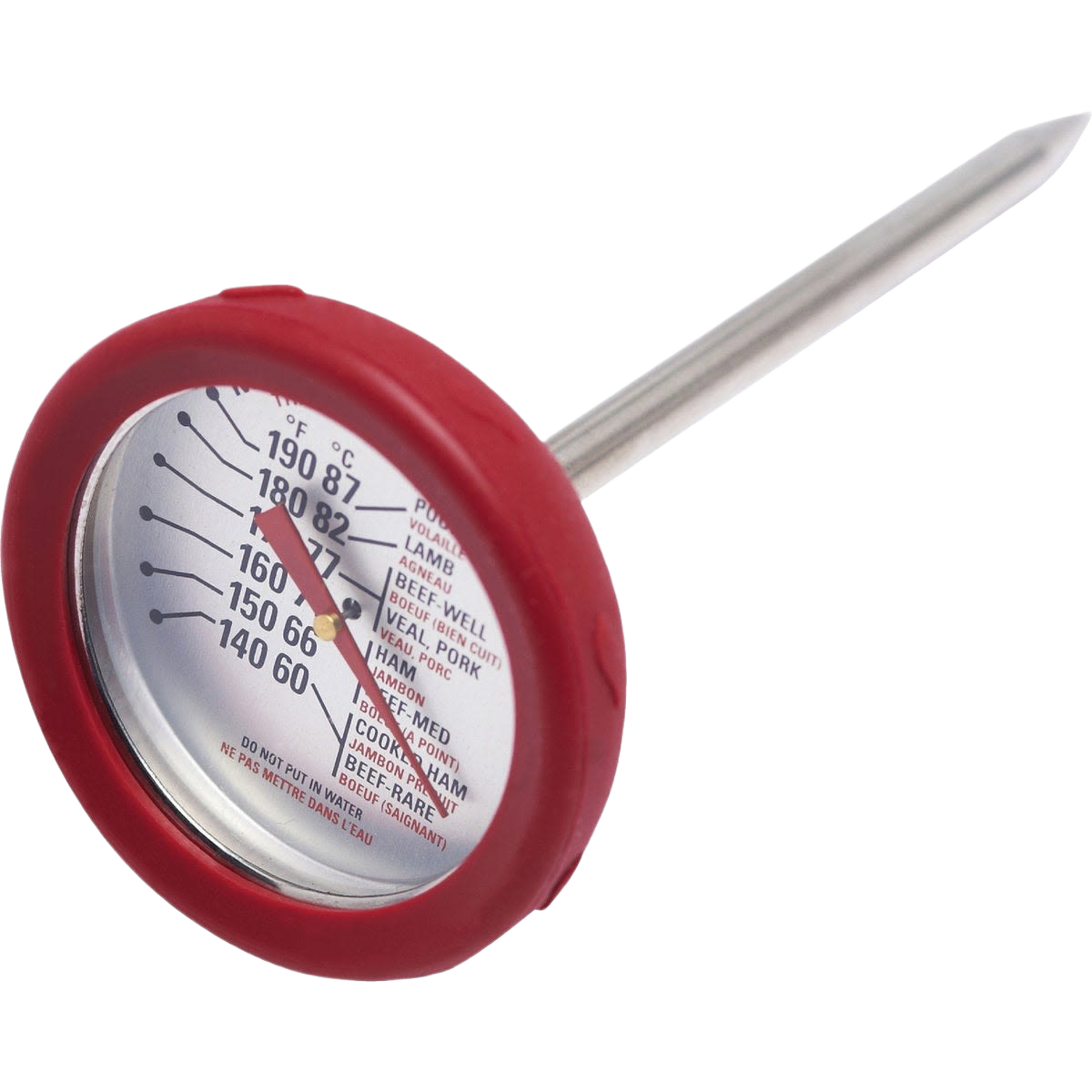 GrillPro stainless steel meat thermometer with red bezel and temperature guide for home cooking and grilling tasks