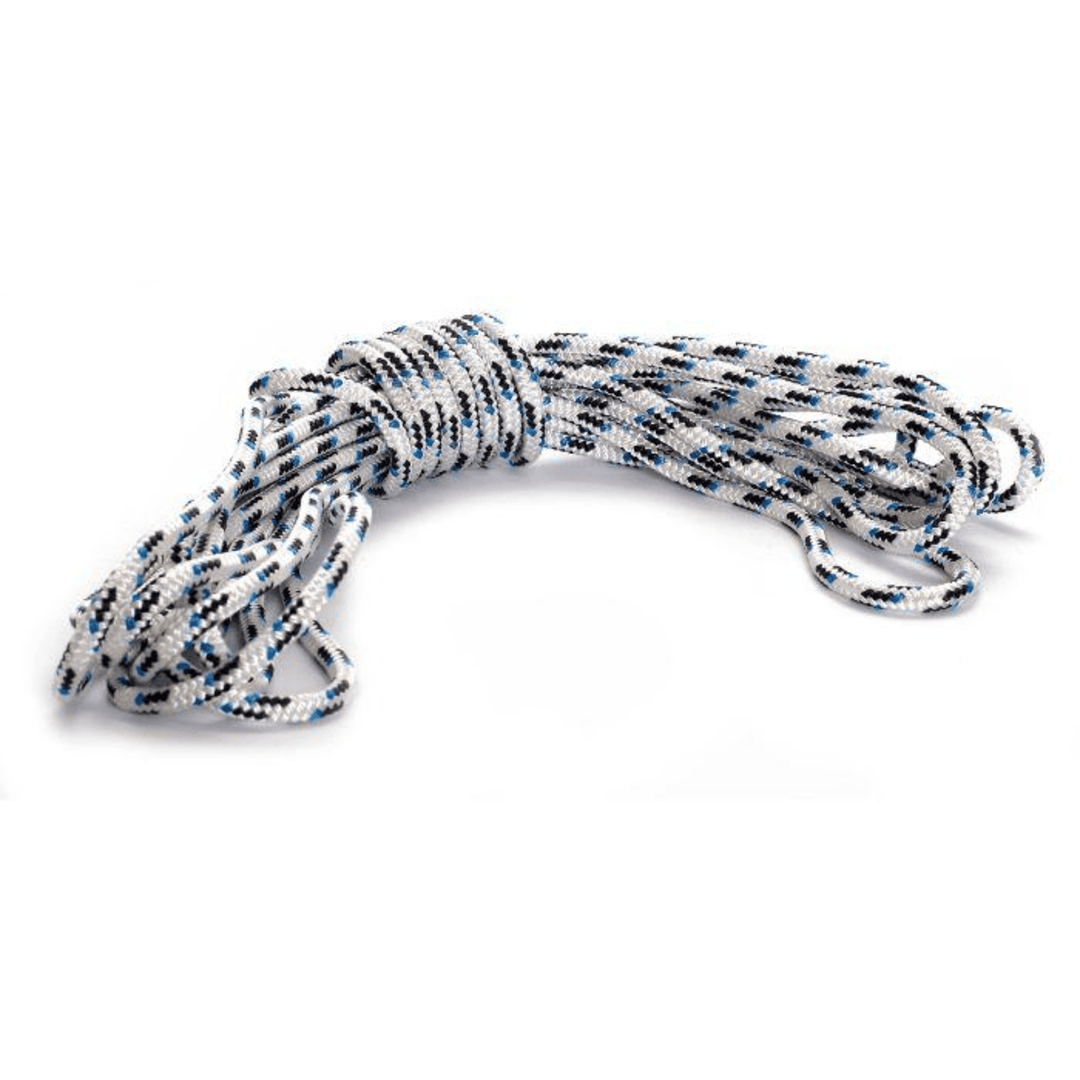 Coiled white and black patterned lifting line designed for heavy-duty use in tools and home improvement projects