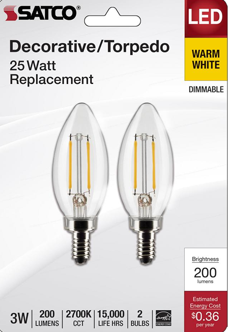 Pair of clear LED decorative torpedo bulbs with candelabra base, warm white, dimmable for home lighting projects under $50