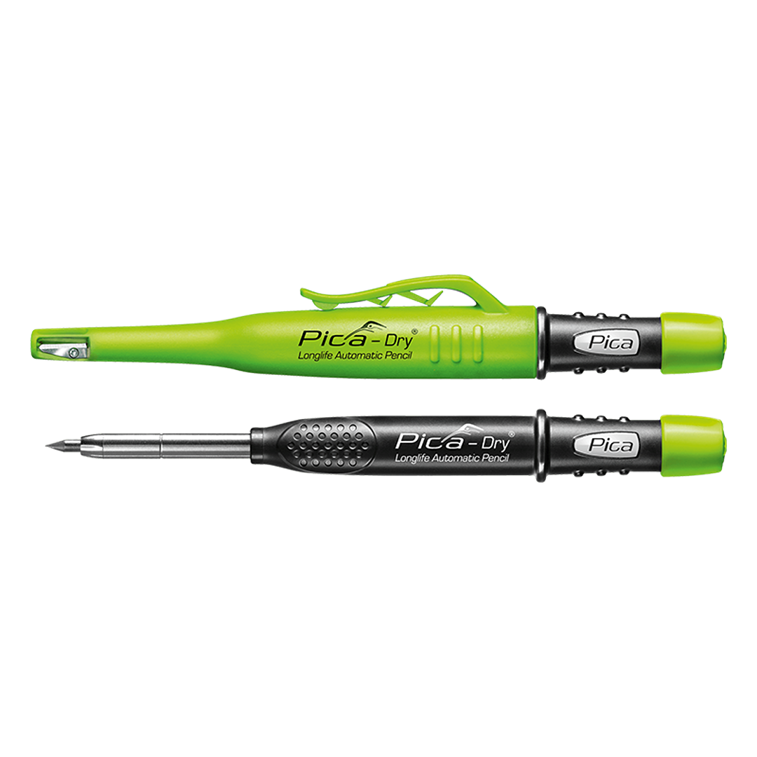 Two Pica Dry Longlife Automatic Pencils in green and black for woodworking and measuring tools collections