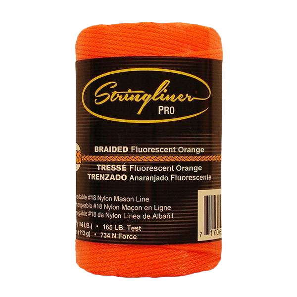 Spool of fluorescent orange braided nylon mason line for home improvement and construction use