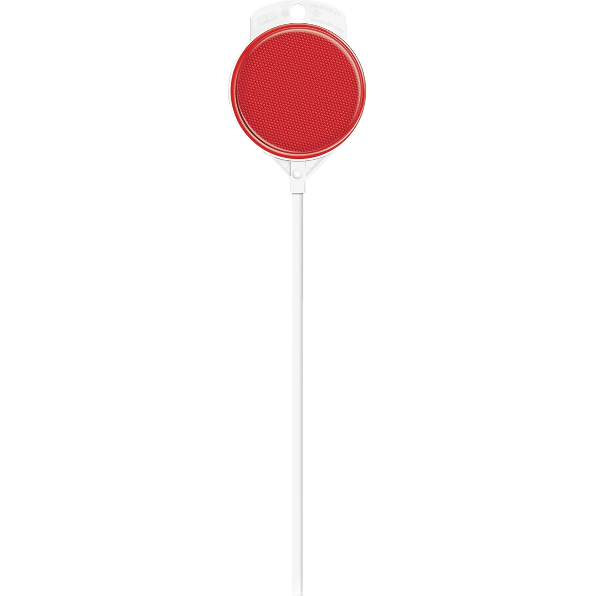 Red fiberglass driveway marker with reflective circular top and white slender pole for home improvement use