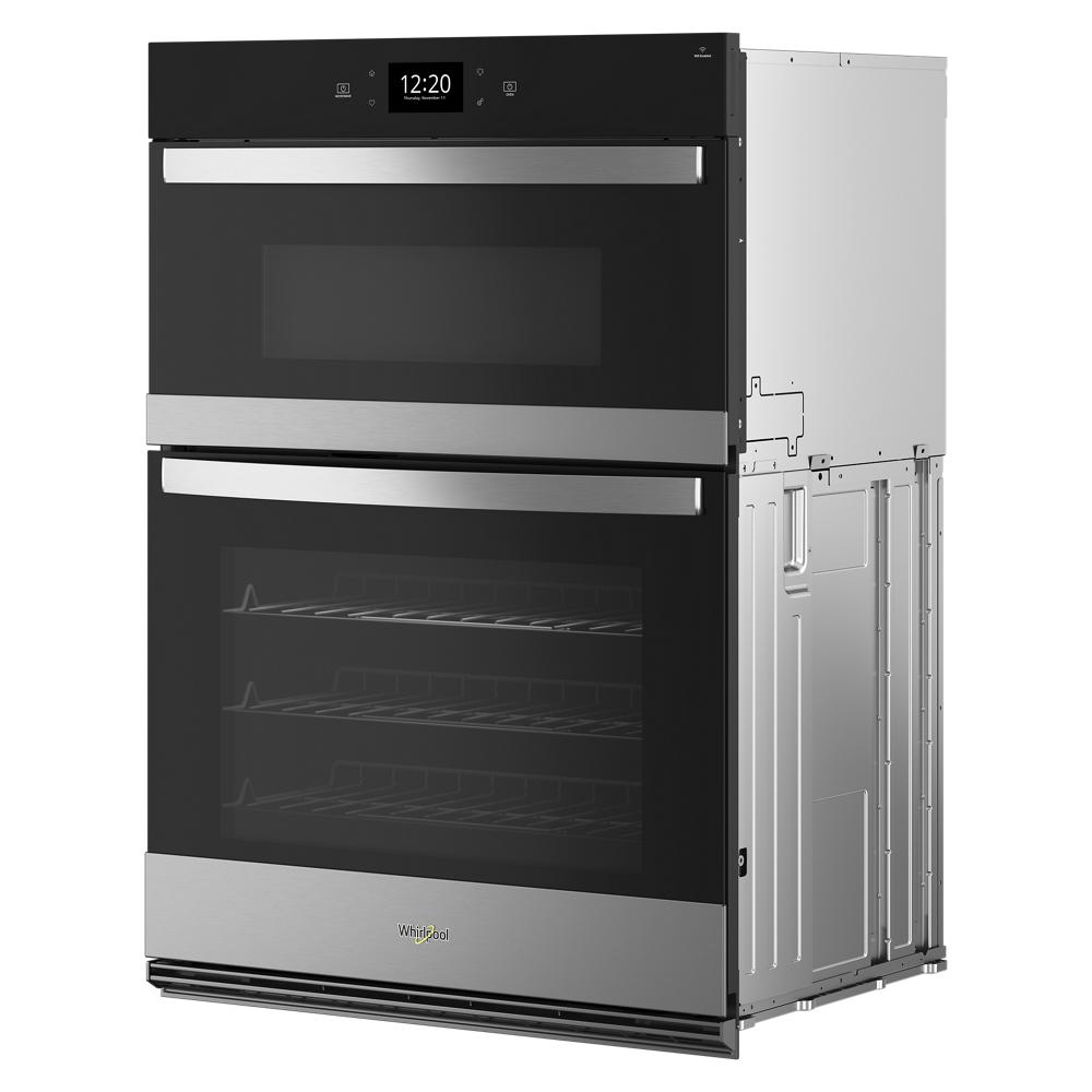 Black and stainless steel wall oven microwave combo with digital display and multiple interior racks for kitchen appliances collections