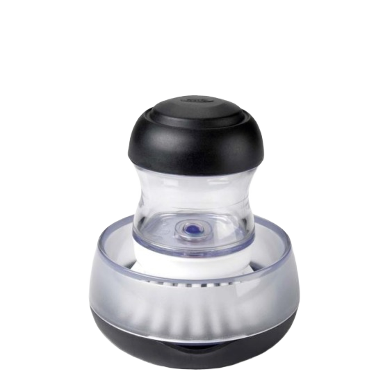 Compact soap dispenser brush with ergonomic black and clear design for kitchen cleaning tools under $50 collection