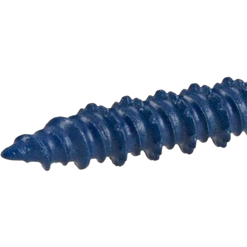 Close-up of blue coated split spacer screw with threaded shaft for hardware and lumber building supplies collections