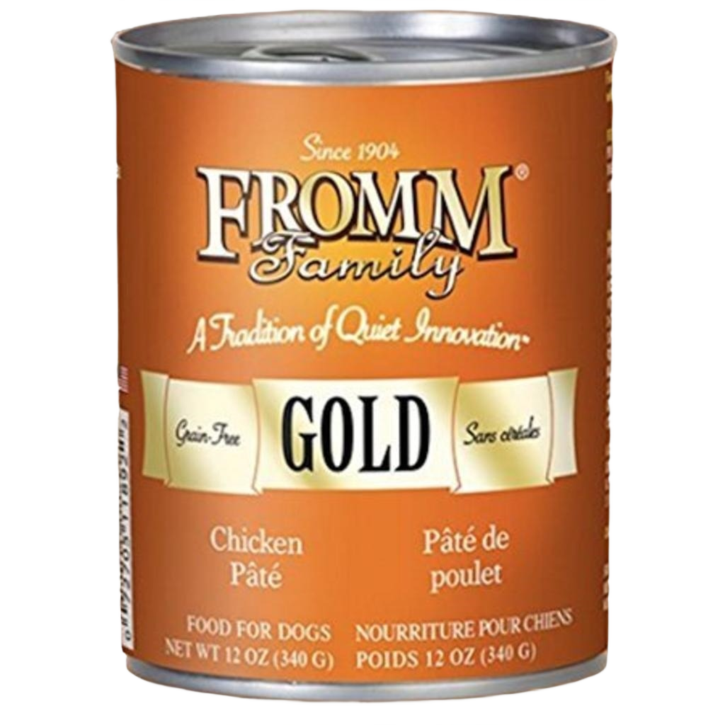 Canned chicken pate dog food in orange Fromm Gold label, part of pet and dog food supplies under $50 collections