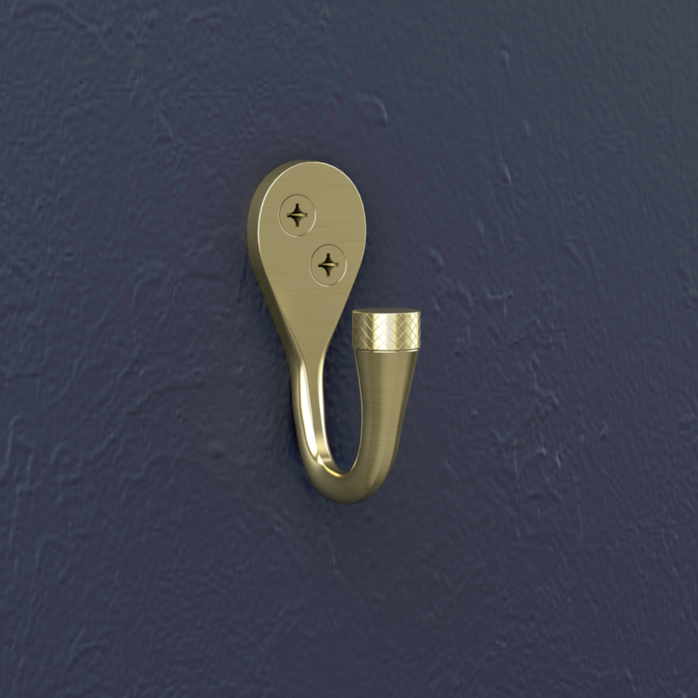 Brushed gold knurled wall hook with two screws for hanging home accessories in hardware and home improvement projects