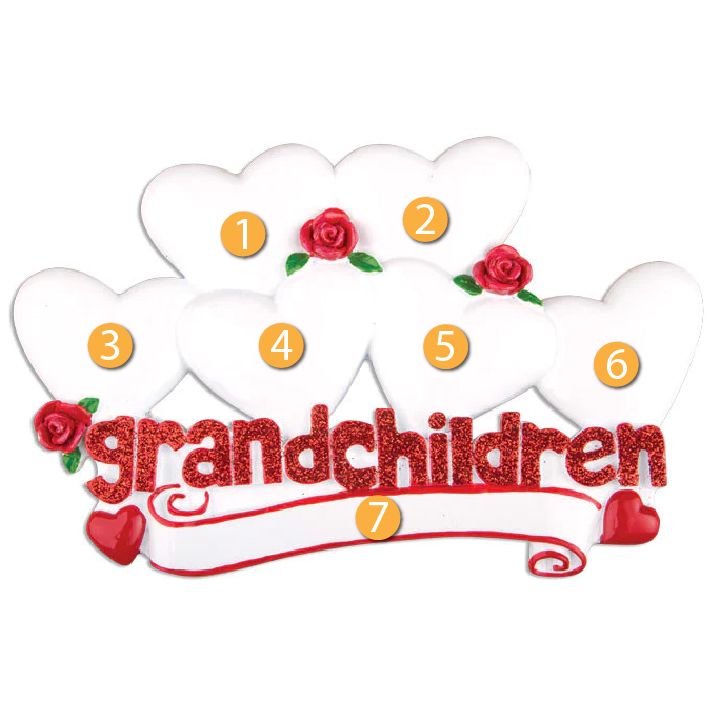 White hearts ornament with red roses and glittery "grandchildren" text for Christmas Ornaments & Tree Decorations collection