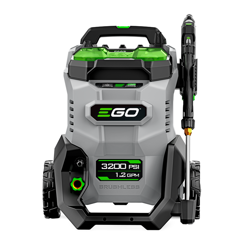Gray and green cordless pressure washer with 3200 PSI power, brushless motor, and two batteries for home improvement tasks