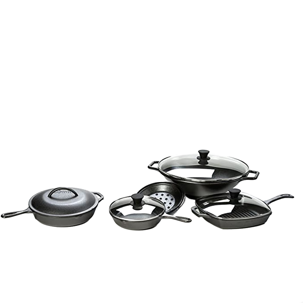 Set of cast iron skillets and grill pans with round tempered glass lids and black knob handles in kitchenware collection under $50.