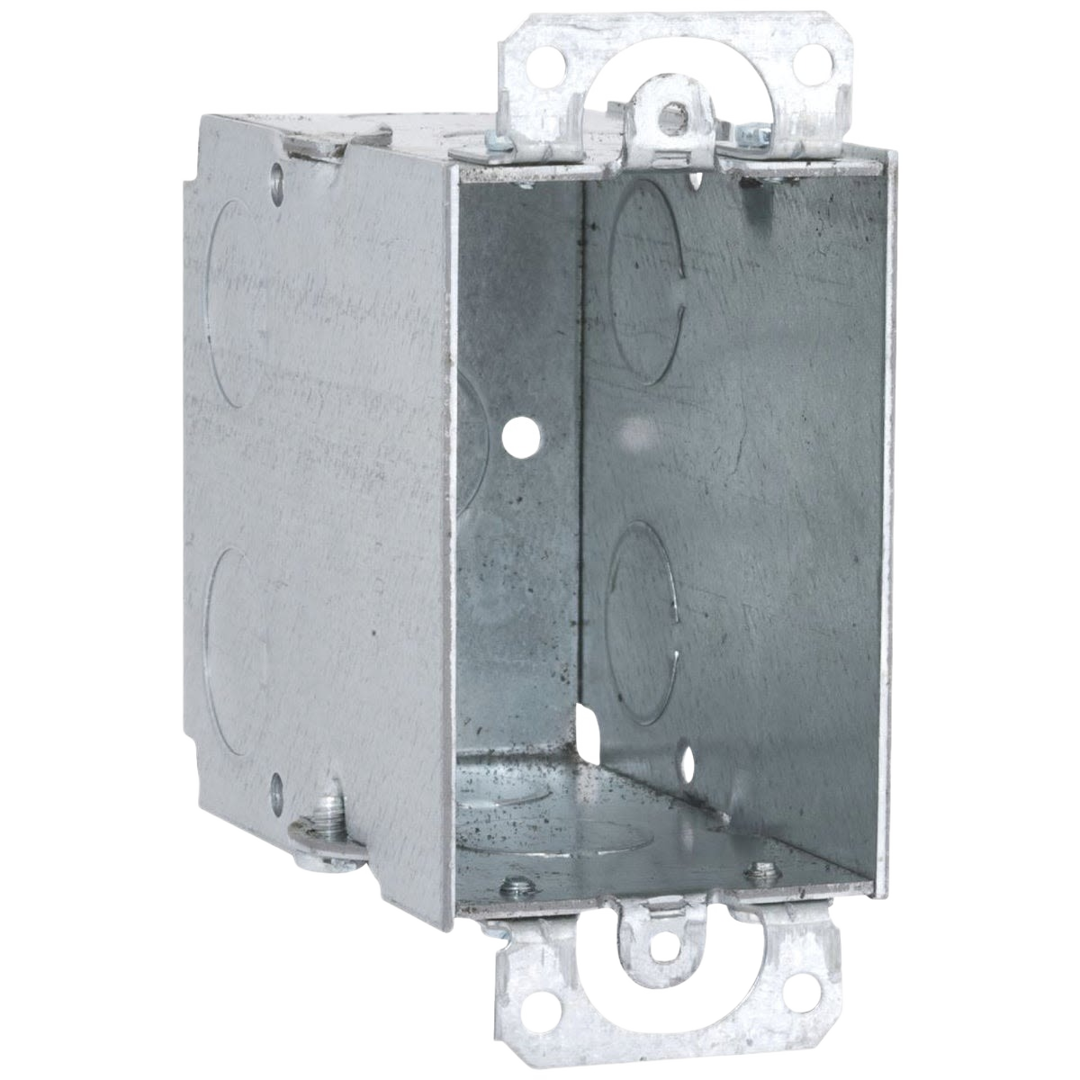 Galvanized steel electrical conduit box with mounting brackets for secure installation in home improvement projects